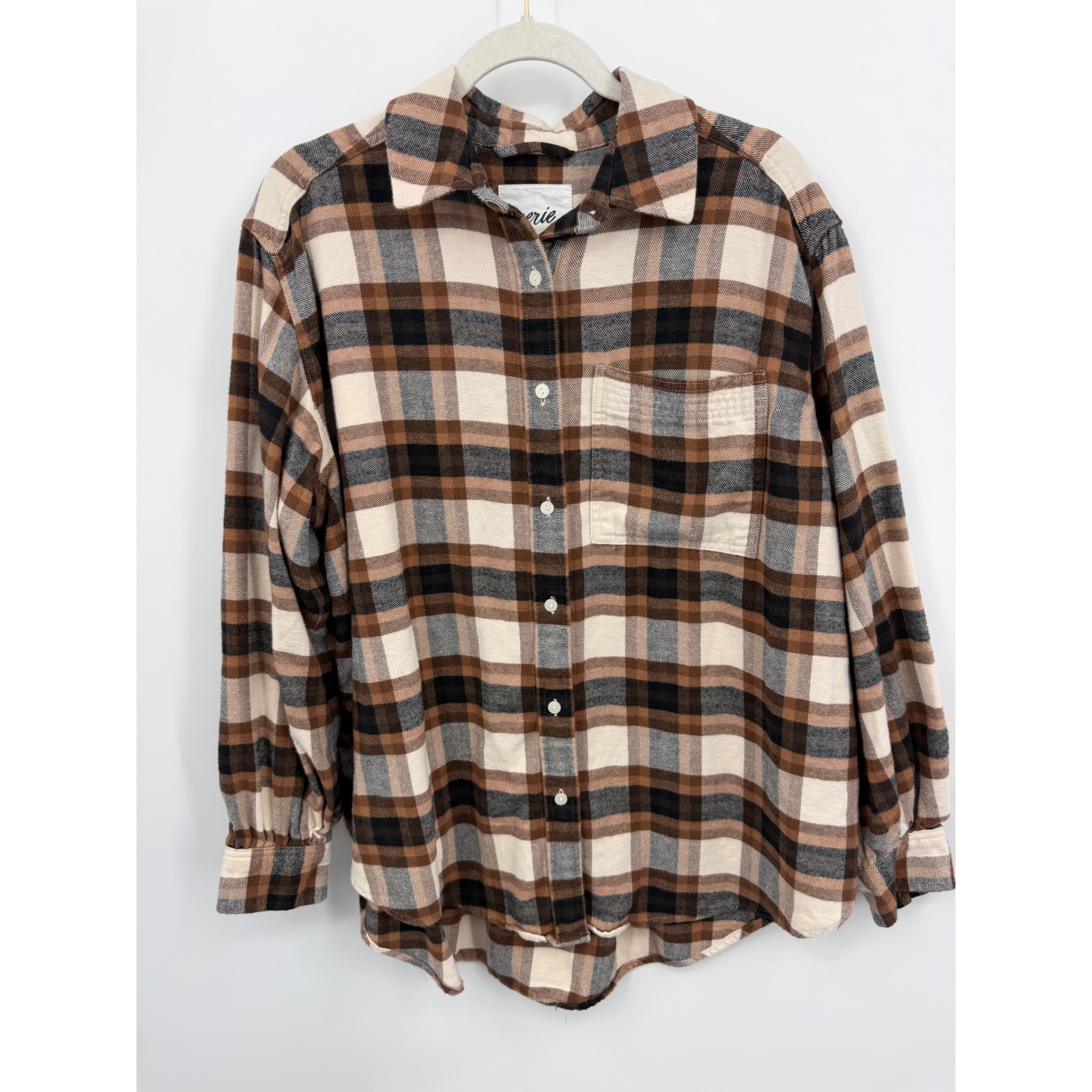 Aerie Flannel Shirt Womens Small Brown Plaid Button Down Oversized Cotton Pocket